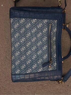 Guess Blue Monogram Shoulder Bag with Gold Hardware